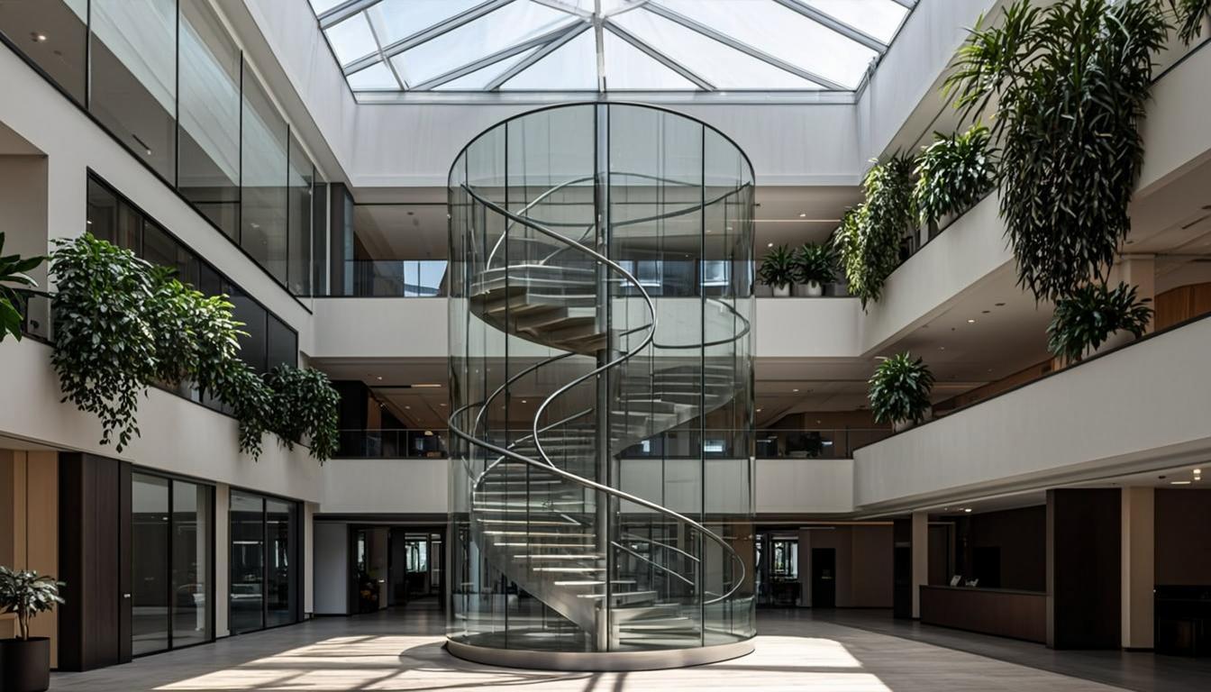 Grand Atrium — стеклянный атриум бутик-отеля с винтовой лестницей и висячим садом