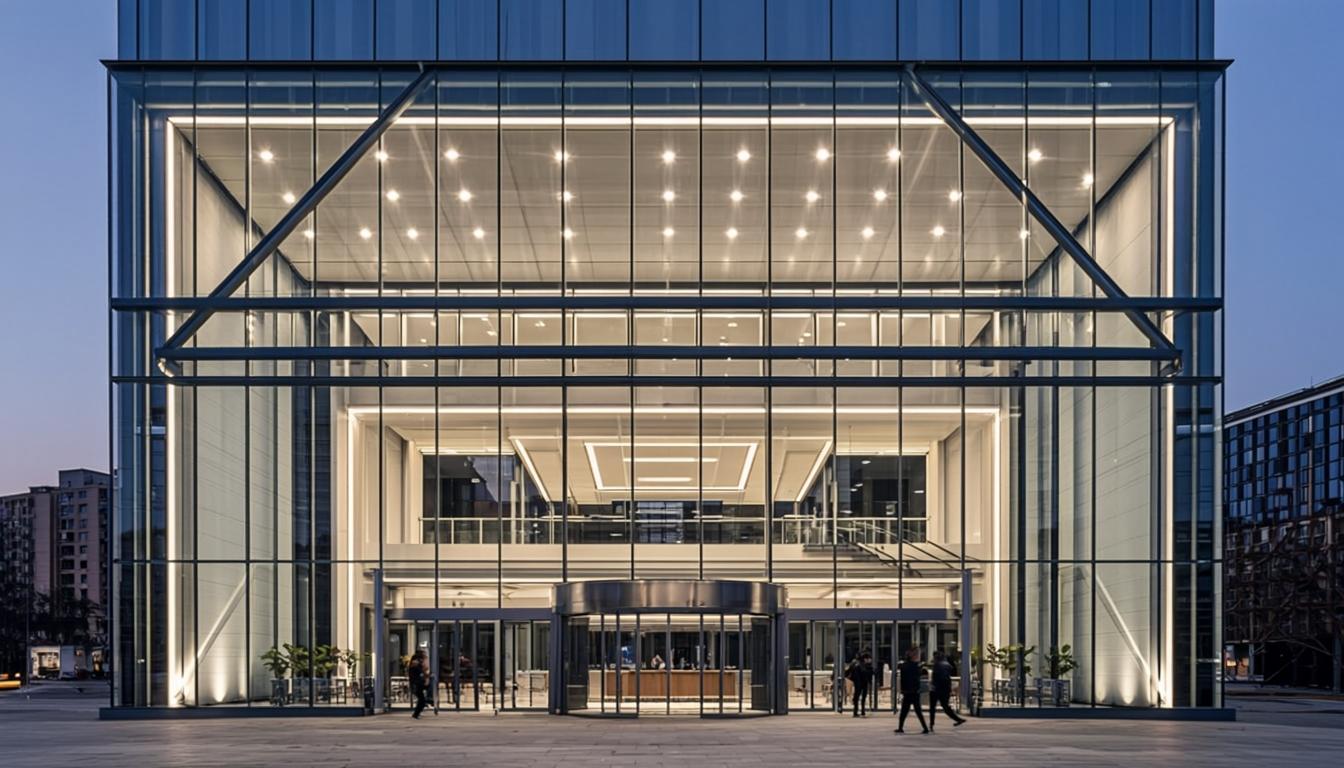 Lumiere Center — вентилируемый стеклянный фасад культурного центра с LED-подсветкой